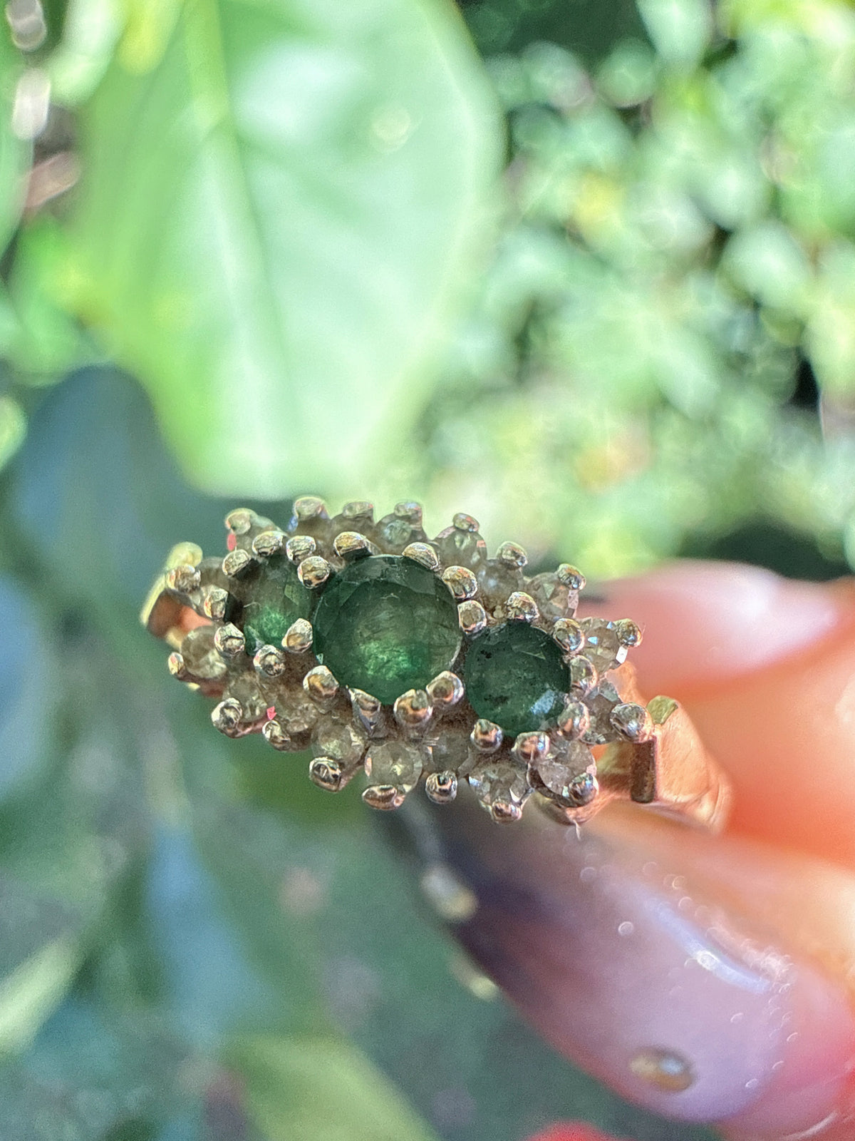 Vintage 1980s 9ct Gold Emerald Diamond Ring Size P