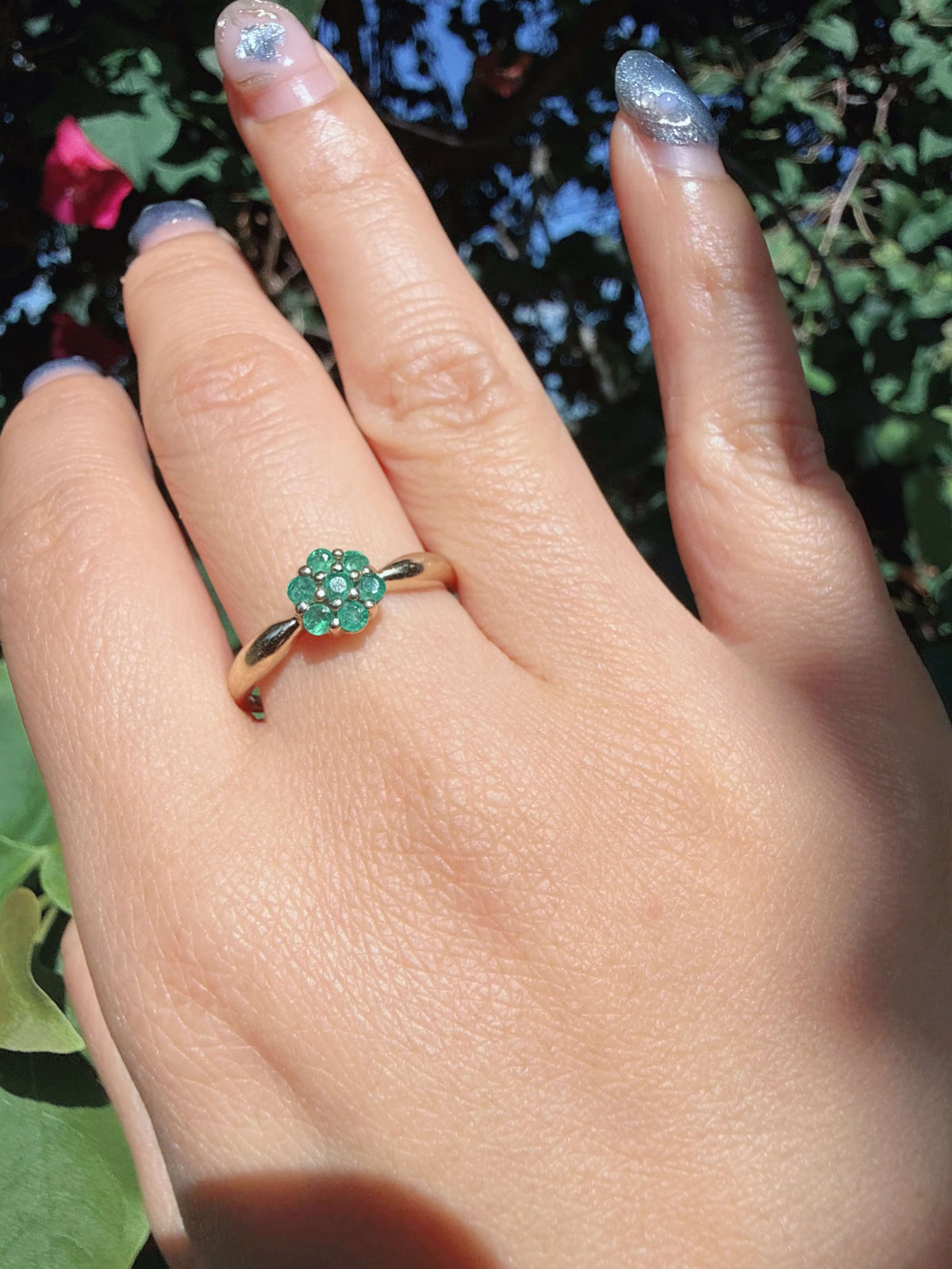 Vintage Birmingham 9ct Gold Emerald Daisy Cluster Ring