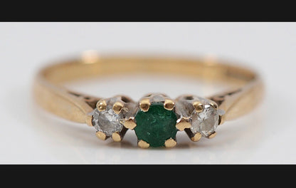 Vintage 1986 9ct Gold Emerald Diamond Ring Size H