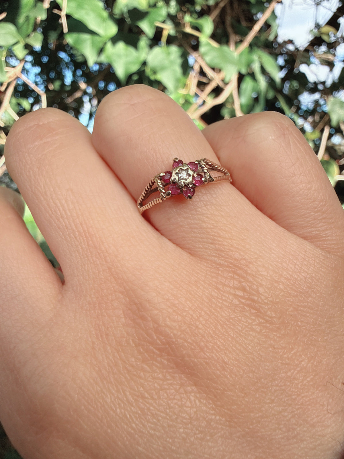 Vintage 1982 9ct Gold Ruby Diamond Flower Ring Size M