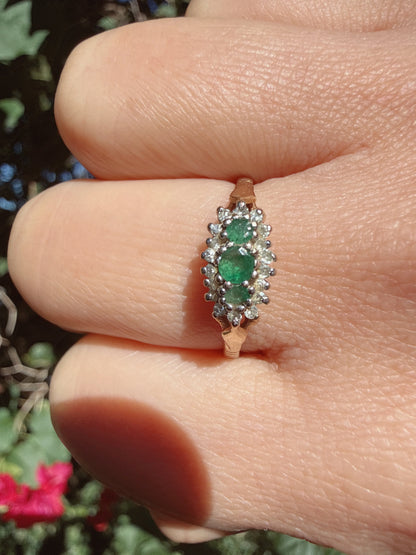 Vintage 1980s 9ct Gold Emerald Diamond Ring Size P