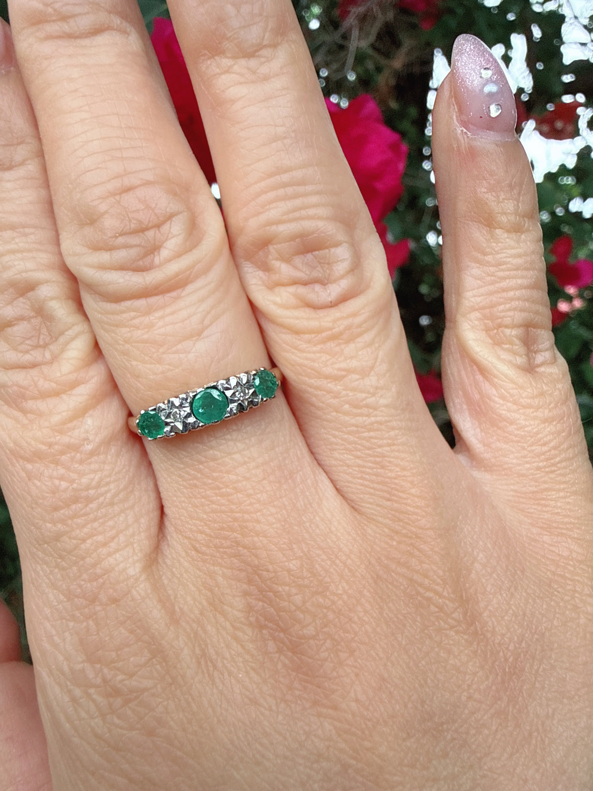 Vintage 1991 9ct Gold Emerald & Diamond Five Stone Ring Size M 1/2