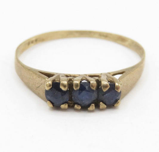 Vintage London 9ct Yellow Gold Natural Navy Sapphire Trilogy Ring