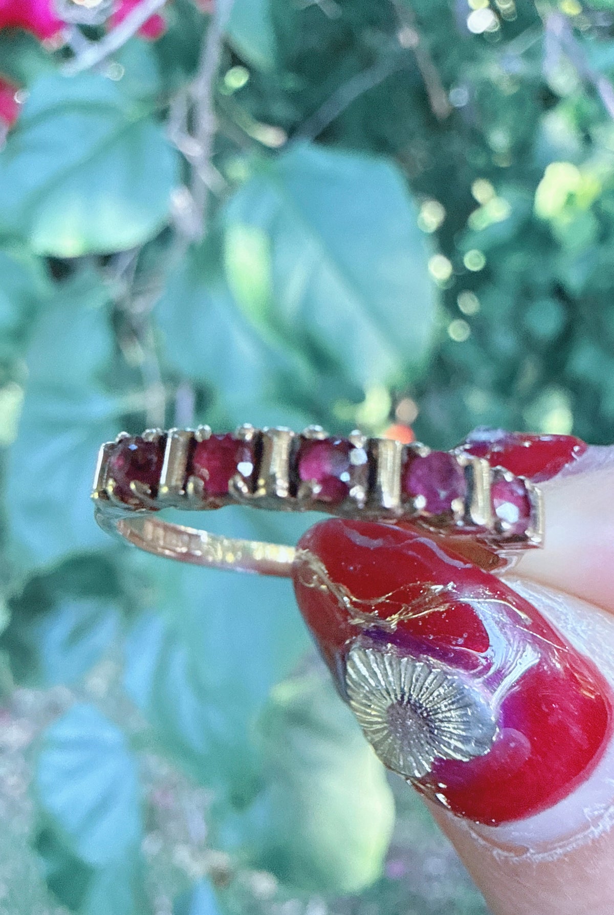 Vintage 1983 London 9ct Gold Pink Gemstone Half Eternity Ring Size O