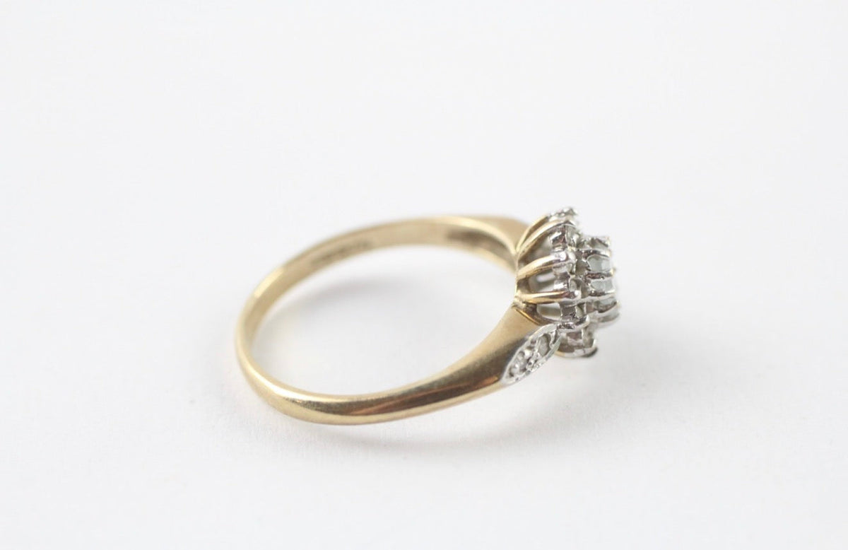 Vintage Birmingham 9ct Gold Aquamarine Diamond Halo Cluster Ring