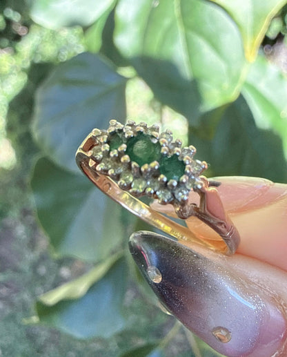 Vintage 1980s 9ct Gold Emerald Diamond Ring Size P