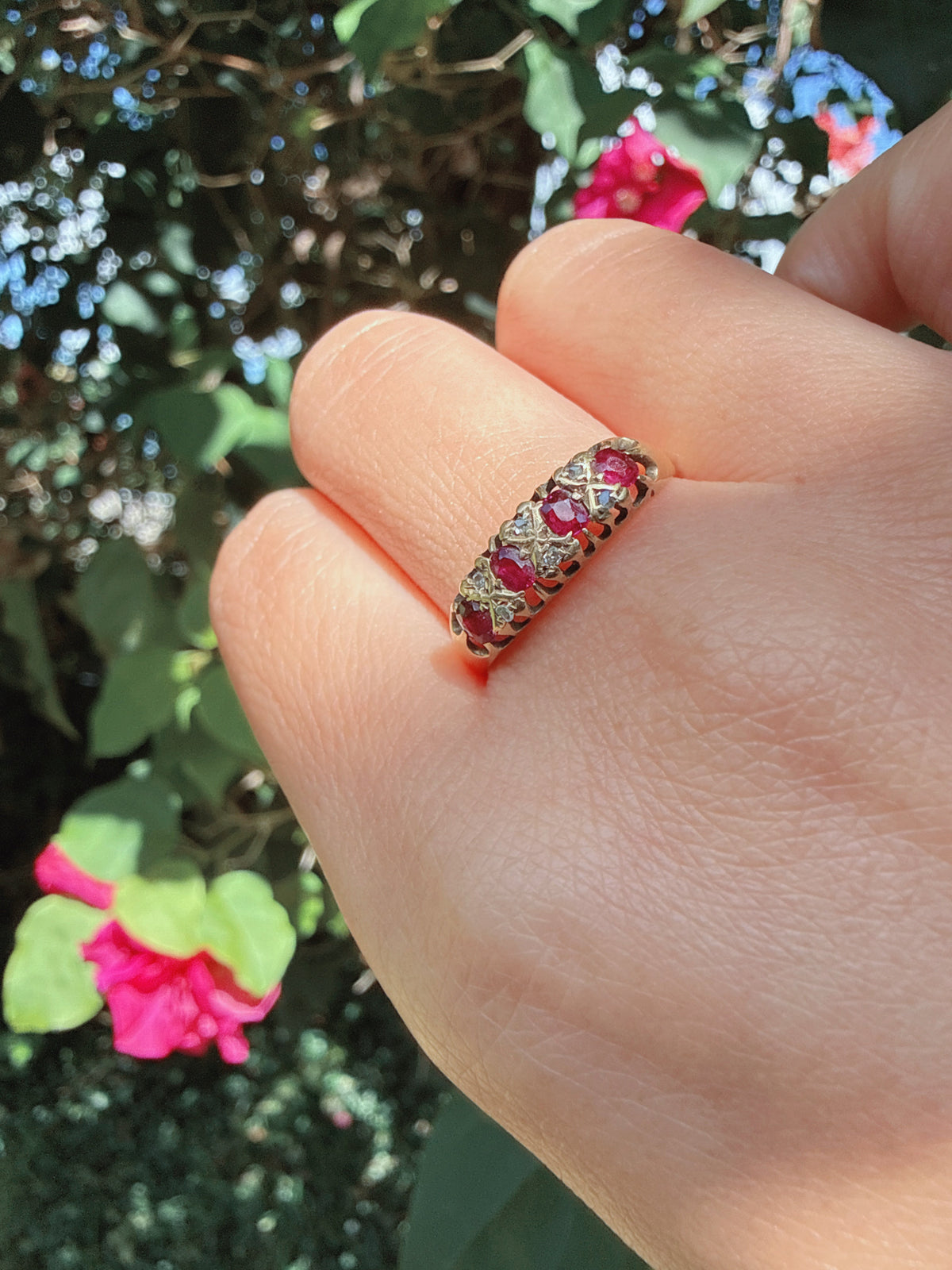 Vintage 9ct Gold Ruby Diamond Gypsy Ring Size Q