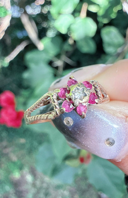 Vintage 1982 9ct Gold Ruby Diamond Flower Ring Size M