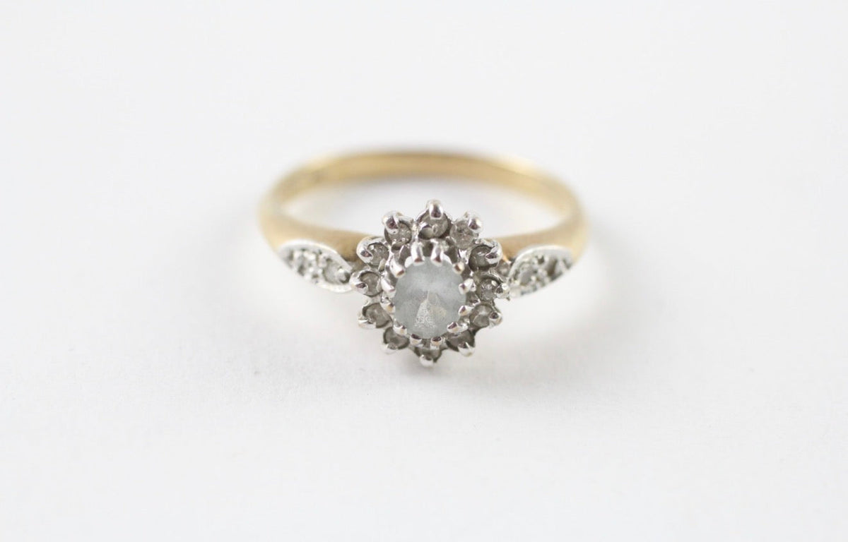 Vintage Birmingham 9ct Gold Aquamarine Diamond Halo Cluster Ring