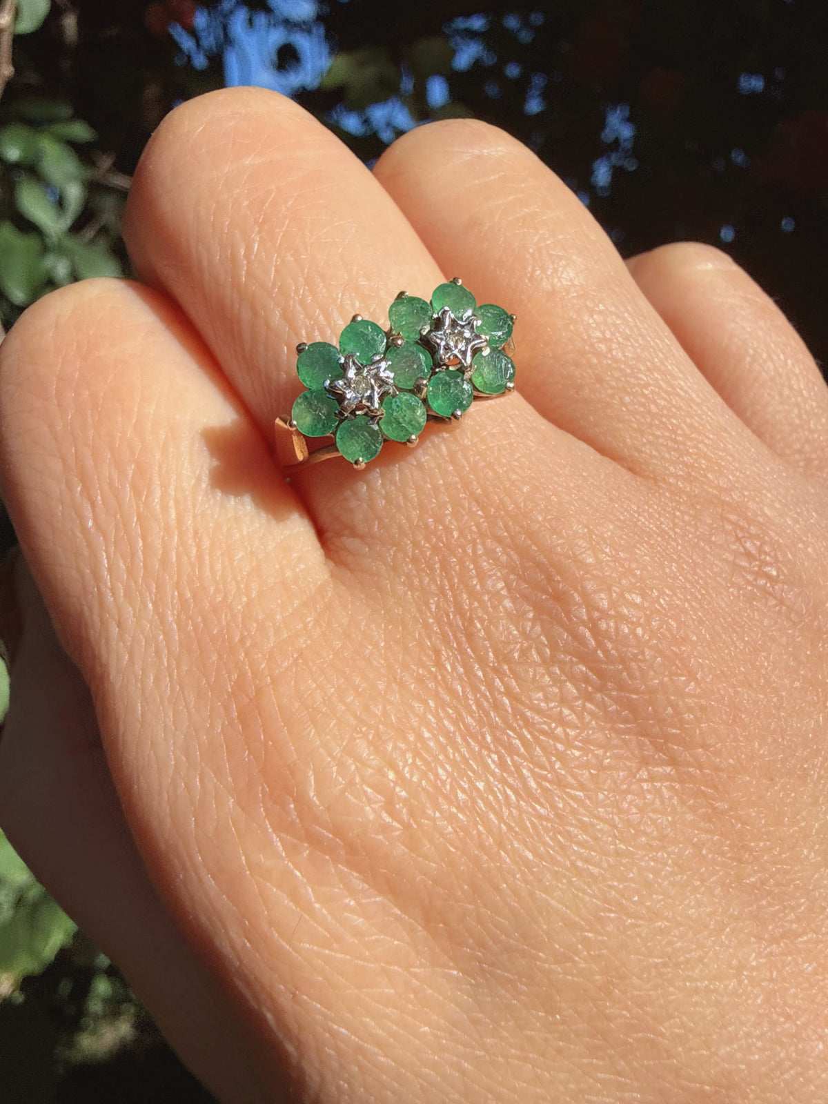 Vintage 1978 9ct Gold Emerald Diamond Flower Ring Size M1/2