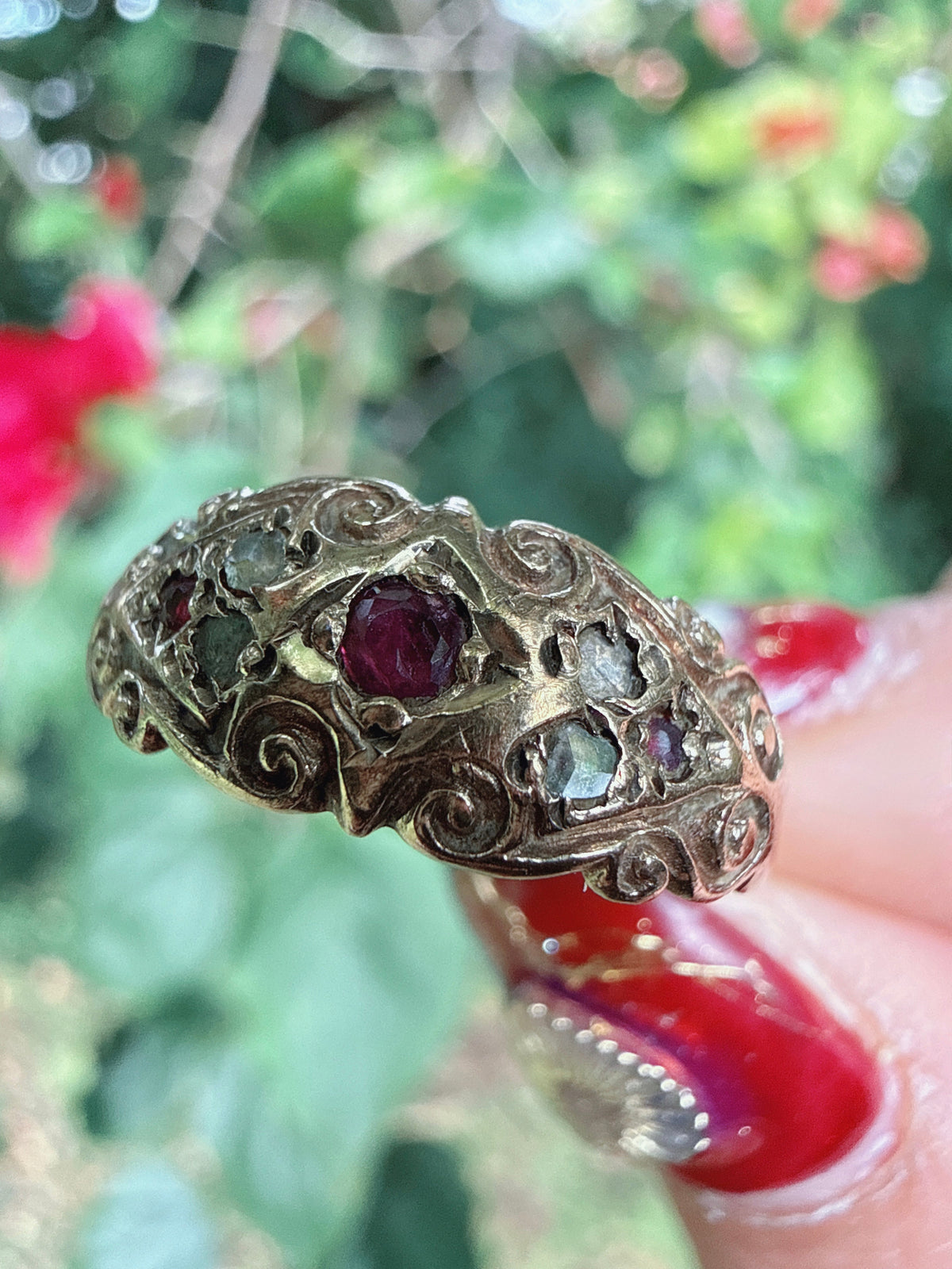 Vintage 1977 9ct Gold Ruby Diamond Boat Ring Size O