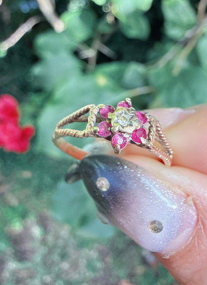 Vintage 1982 9ct Gold Ruby Diamond Flower Ring Size M