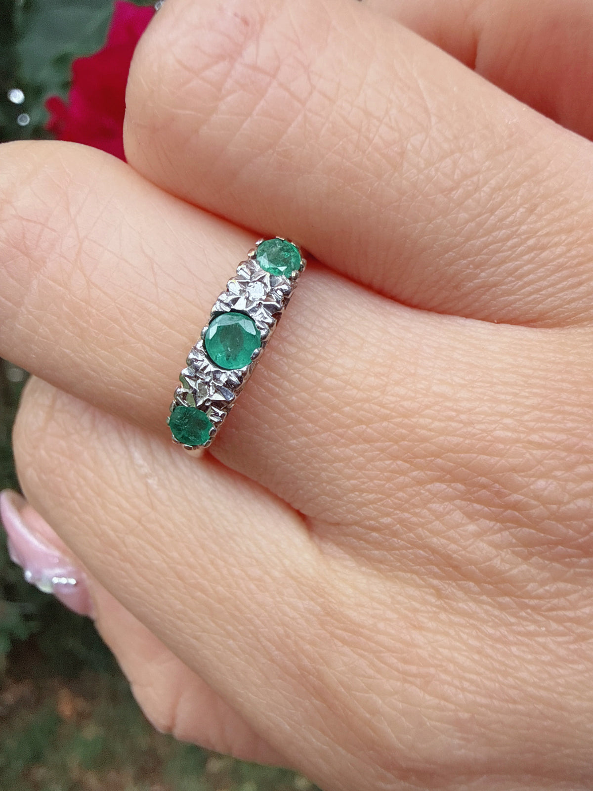 Vintage 1991 9ct Gold Emerald & Diamond Five Stone Ring Size M 1/2