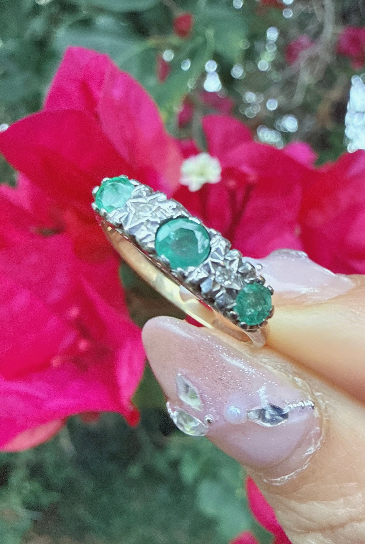 Vintage 1991 9ct Gold Emerald & Diamond Five Stone Ring Size M 1/2