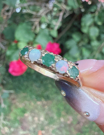 Birmingham 1976 9ct Gold Emerald Opal Five Stone Ring Size P