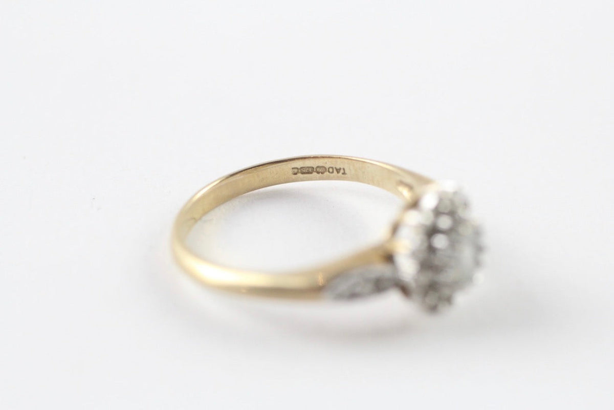 Vintage Birmingham 9ct Gold Aquamarine Diamond Halo Cluster Ring