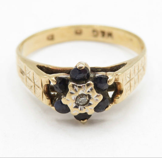 Vintage 9ct Gold Sapphire Diamond Cluster Ring Size I