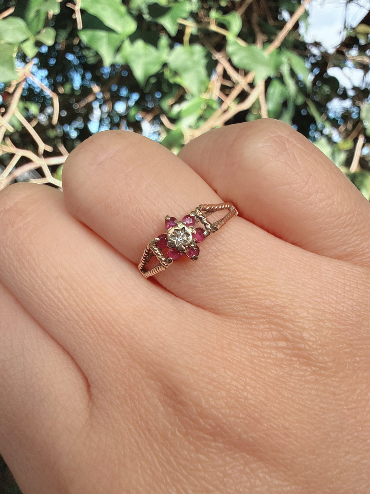 Vintage 1982 9ct Gold Ruby Diamond Flower Ring Size M
