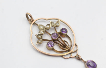 Antique Edwardian 9ct Rose Gold Amethyst Pendant