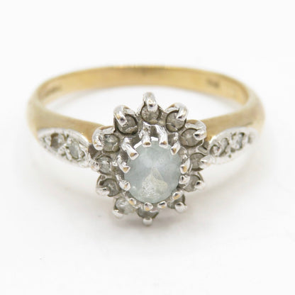 Vintage Birmingham 9ct Gold Aquamarine Diamond Halo Cluster Ring