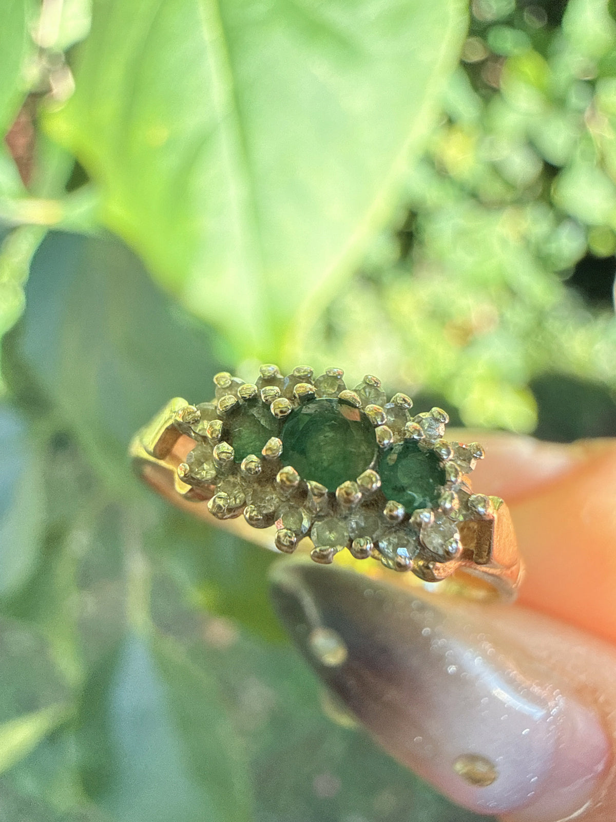 Vintage 1980s 9ct Gold Emerald Diamond Ring Size P