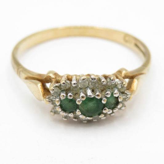 Vintage 1980s 9ct Gold Emerald Diamond Ring Size P