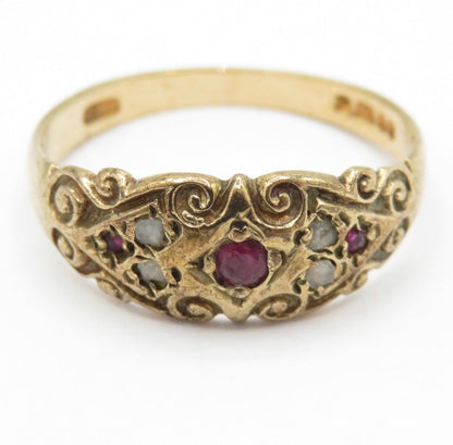 Vintage 1977 9ct Gold Ruby Diamond Boat Ring Size O